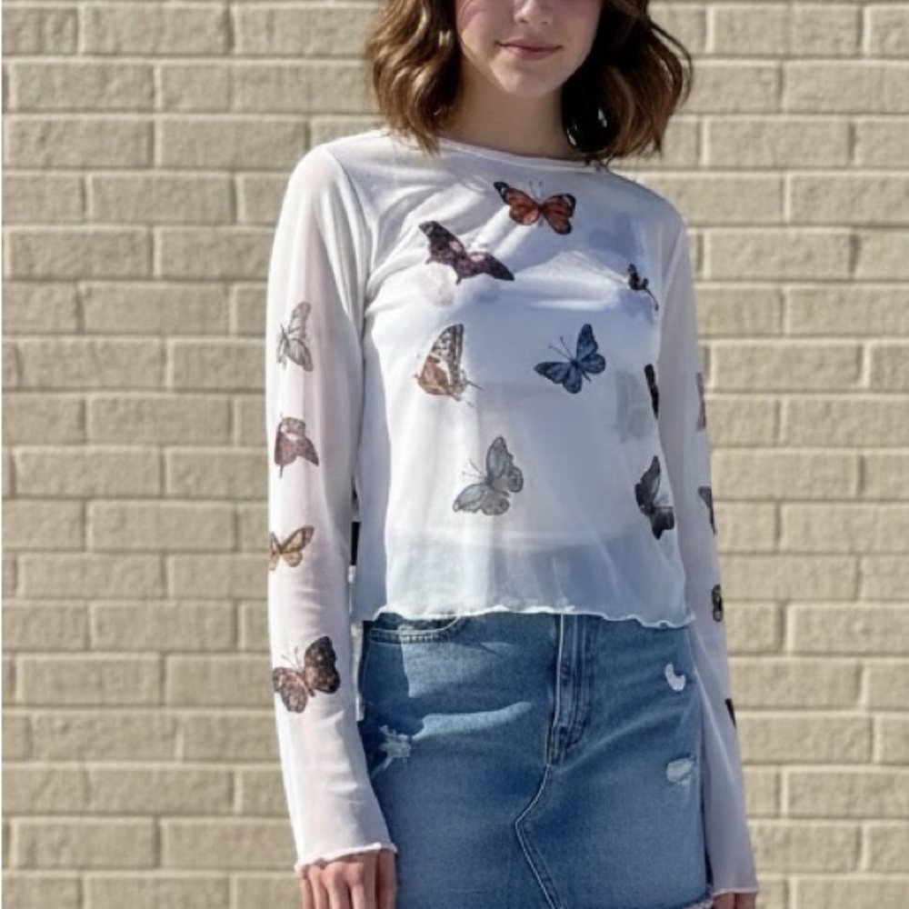 Vntage Butterfly Print Sheer Top